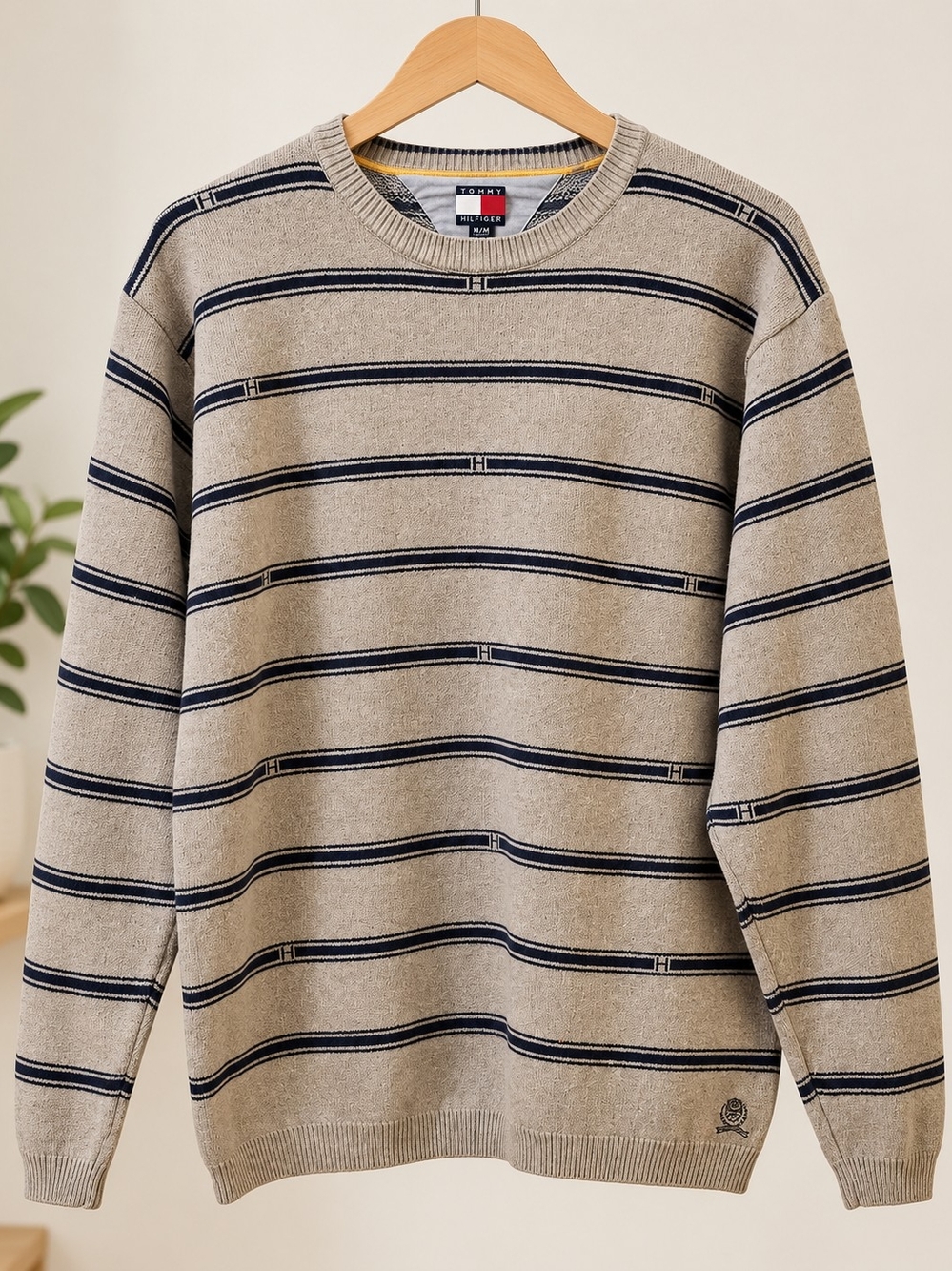 Vintage Tommy Hilfiger Heavyweight Beige Crewneck Sweater with Navy Stripes XL